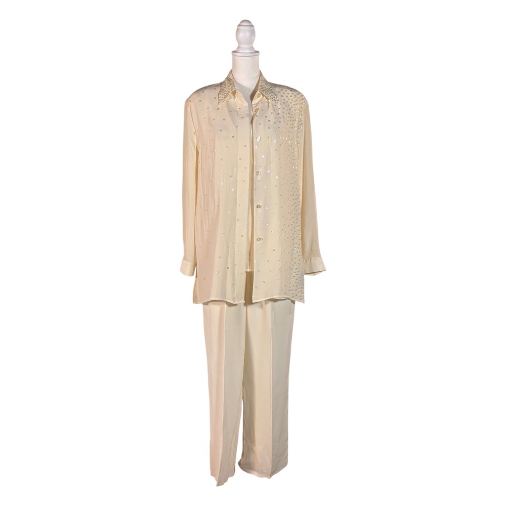 Vintage 90s Diane Gilman Cream 100% Sill 3 Piece Set Large L Sequin Retro‎ Luxe